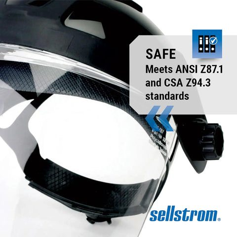 Close-up of DP4 Face Shield with lightweight build, high impact crown, ratchet headgear, polycarbonate window, ANSI Z87.1 approved.