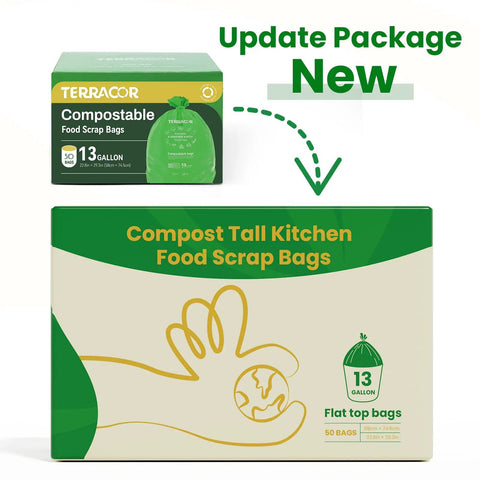 Updated packaging for 13 Gallon Compostable Trash Bags 50 Count Heavy Duty Tall Kitchen Bags for Food Scraps Certified BPI and ASTM D6400
