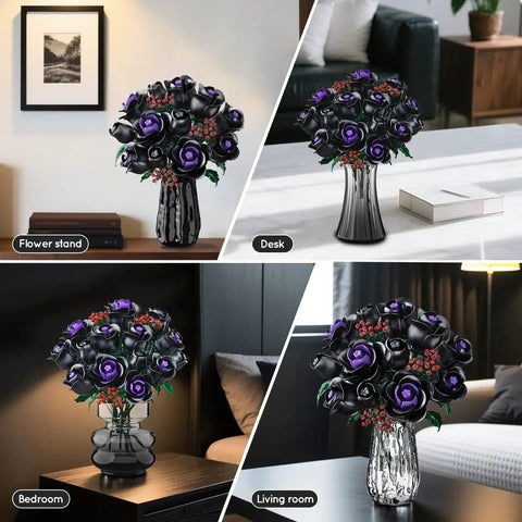 15 Black Rose Bouquet Building Set For Gothic Home Decor, DIY Dark Flower Kit With Purple Jewel Centers, No Vase Included, on desk
