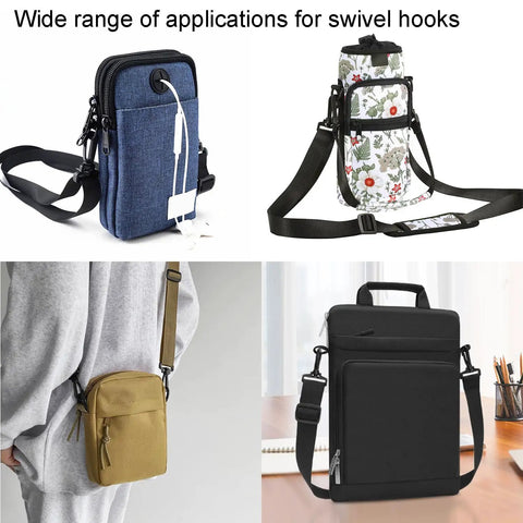 Top Shelf 12 Piece Plastic Swivel Snap Hooks For 1 Inch Webbing Straps-used on various bags in casual settings.