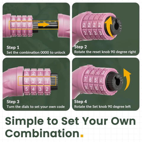 4 Foot Cable Bike Lock With Half Inch Resettable Combination And Mounting Bracket in Baby Pink, close-up of lock setting instructions