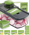 Ourokhome 6-in-1 mandoline slicer, gray with green top, showing blade attachments and radish slices in clear bin.