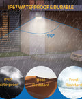 Outdoor Solar Spotlight 6500K Daylight IP67 Waterproof Garden Lights illuminating in rain with resistance features displayed below
