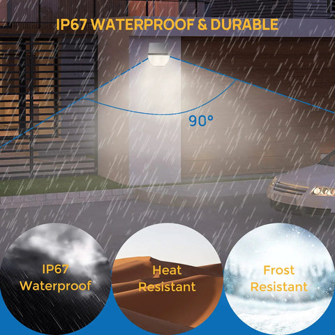 Outdoor Solar Spotlight 6500K Daylight IP67 Waterproof Garden Lights illuminating in rain with resistance features displayed below