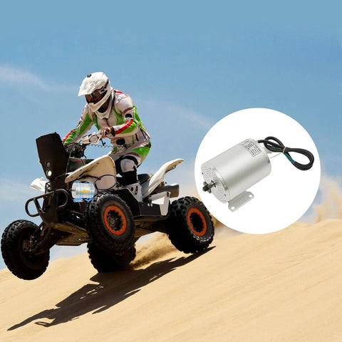 Off-road ATV jumping over sand dune with inset image of 48V 2000W Brushless DC Motor Kit With 4300 RPM 33A Mosfet Controller LCD Display Screen.