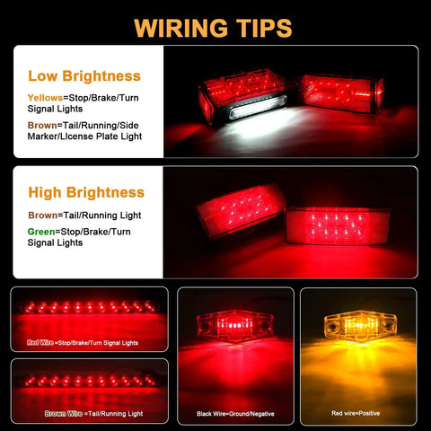 Wiring tips for Beefy Submersible LED Trailer Tail Light Kit showing low and high brightness modes with wiring colors.