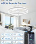 Slick Low Profile Ceiling Fan With Smart LED Light And Dual Remote And App Control, modern ceiling fan with remote in a bright room.
