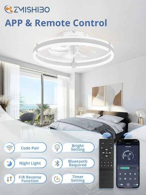 Slick Low Profile Ceiling Fan With Smart LED Light And Dual Remote And App Control, modern ceiling fan with remote in a bright room.