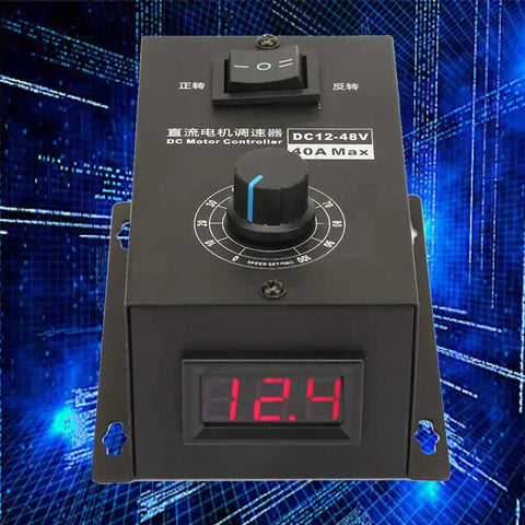 Front view of Beefy DC Motor Speed Controller For Power Projects 12V To 48V 40A PWM Brush Motor Governor with dial and display