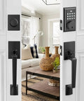 Matte black keypad deadbolt electronic keyless double door lock set with handle for home office hotel access auto lock 50 codes