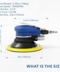 6 Inch Vacuum Orbital Sander With Dust Bag And Hose For Auto Body And Woodworking, Self Vacuum, side view with dimensions