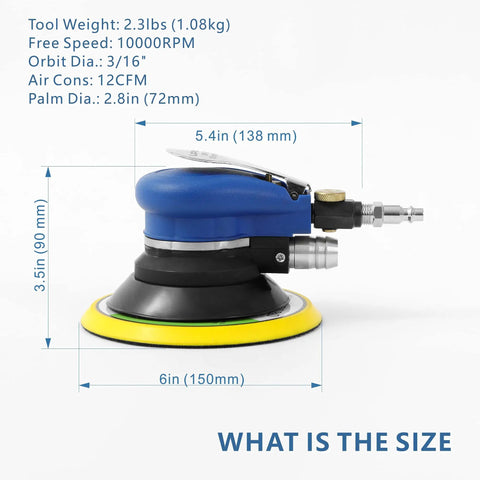6 Inch Vacuum Orbital Sander With Dust Bag And Hose For Auto Body And Woodworking, Self Vacuum, side view with dimensions