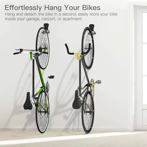 Heavy Duty Bike Wall Mount With Fixed Hook 2 Pack Iron Bike Hanger Brackets For Garage Vertical Storage Rack To Easily Hang And Detach Screws Included Sturdy Wall Mounting System For Secure Bike Storage showing mounted bikes