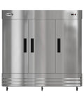 Built To Last Straight Up Heavy Duty Three Door Stainless Steel Commercial Reach In Refrigerator 72 Cubic Feet, front view with black handles.