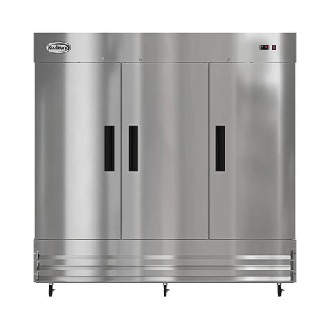 Built To Last Straight Up Heavy Duty Three Door Stainless Steel Commercial Reach In Refrigerator 72 Cubic Feet, front view with black handles.