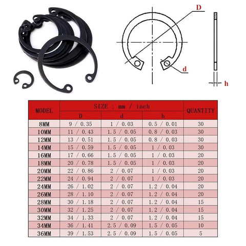Alloy Steel Internal Circlip Snap Ring Set 300 Pieces In Fifteen Sizes From 8mm To 36mm Corrosion Resistant and High Temperature Tolerant