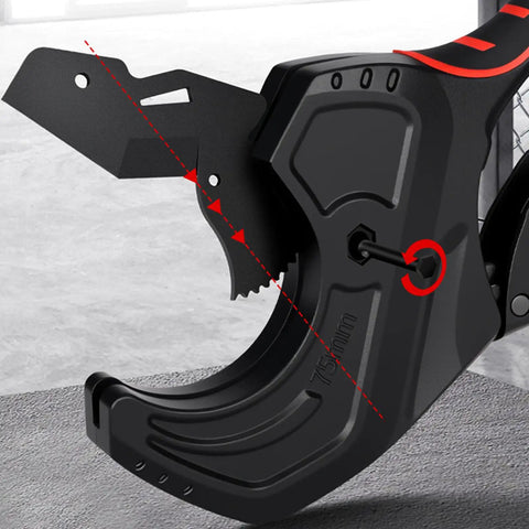 Ratcheting PVC CPVC Pipe Cutter With Wide Jaw Opening And Anti Fatigue Grip, black blade and ergonomic design details
