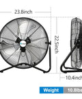 20 Inch High Velocity Floor Fan With 3 Speed Settings Up To 5200 CFM Heavy Duty Metal Industrial Fan for garages, front and side view displaying dimensions.