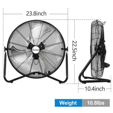 20 Inch High Velocity Floor Fan With 3 Speed Settings Up To 5200 CFM Heavy Duty Metal Industrial Fan for garages, front and side view displaying dimensions.