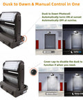 Rotatable 150W LED Wall Pack Light With Dusk To Dawn Photocell showing automatic and manual control features