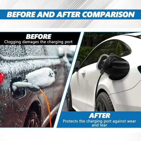 Before and after comparison of Heavy Duty EV Charging Port Cover Keeps Your Electric Ride Safe With All Season Weatherproof Shields.