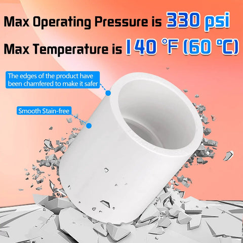 Ten Pack One Half Inch PVC Coupling Socket To Socket Slip Fitting Adapter Connector Sch40 White, max 330 psi, 140°F