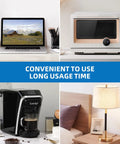 Home setup with laptop, microwave, coffee maker, and lamp showcasing convenient usage in different environments