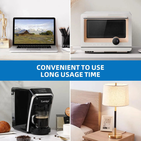 Home setup with laptop, microwave, coffee maker, and lamp showcasing convenient usage in different environments