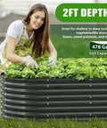 Woman tending vegetables in Deep Root Raised Garden Bed Kit 8x4x2 Feet Galvanized Oval Metal Planter, 24 Inch Tall Quartz Grey