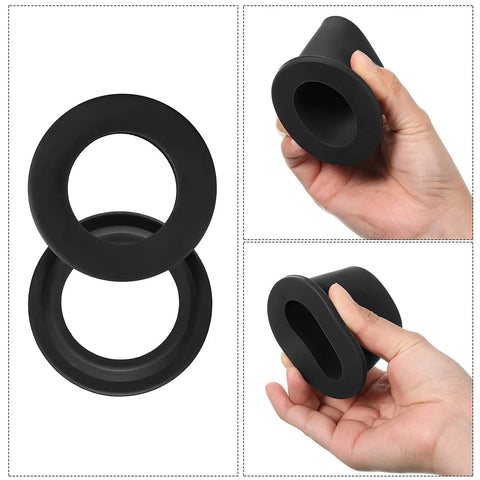 Patio Table Umbrella Hole Wedge Plugs And Stabilizer Sleeve Set For Two To Two And A Half Inch Table Holes And One And A Half Inch Umbrella Poles Cone Ring Stabilizer Black Two Pack shown in hand and detail views.
