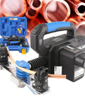 Professional Grade Electric Pipe Bender For Soft Copper And Aluminum Hydraulic Tool Kit With Fast Lithium Battery Delivers Quicker 90 Degree Bends Includes Complete 7 Die Set, showcasing 7 die set and battery.