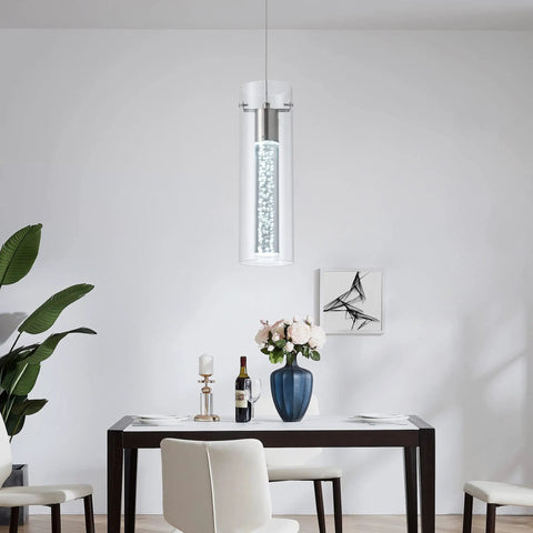 Three Pack Modern Pendant Lights In Satin Nickel With 24W LED Bulbs 6000K Bubble Glass Dome Chandelier above dining table.