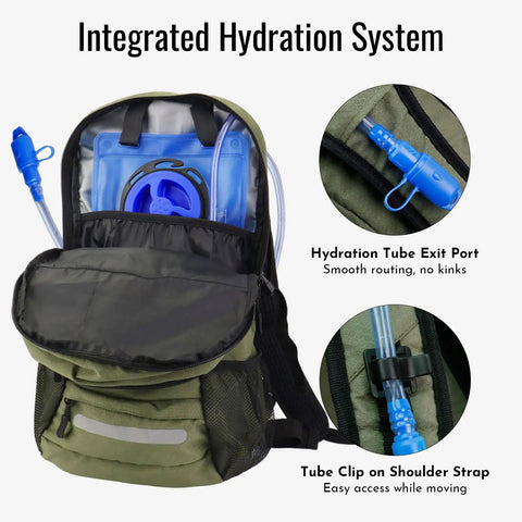 20L Hydration Backpack With 3L Bladder for Hiking Commuting and Daily Use showing hydration system inside army green bag