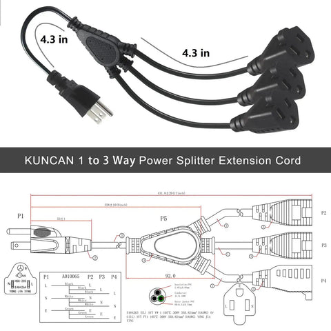 3 Way Power Splitter Extension Cord With Y Style 3 Outlets 1 Foot SVT 18 AWG 10 Amp 1250 Watt NEMA 5 15P To 3 NEMA 5 15R Outlets