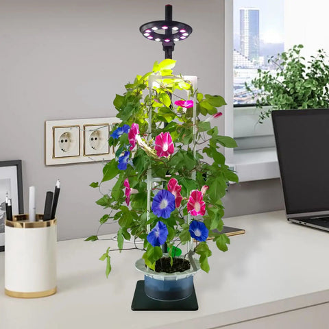 Indoor Hydroponics Tower Grow Kit With LED Grow Light for herbs, vegetables, microgreens; standing floor system on desk.