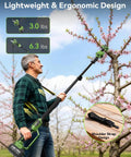 Cordless 2-In-1 Electric Pruning Shears With Extension Pole No Ladder Needed shown in use for tree trimming at 15 ft height.