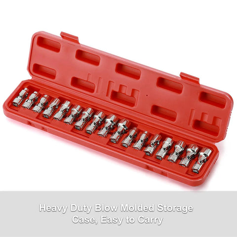 Three Eighths Inch Drive Universal Flex Socket Set For SAE And Metric Three Eighths To Three Fourths Inch Range in red case