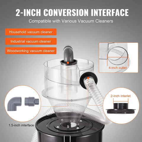 Cyclone Dust Separator With Metal Tank For Dust Collectors 4 Inch Retrofit Cyclone ABS Body showing 2-inch conversion interface