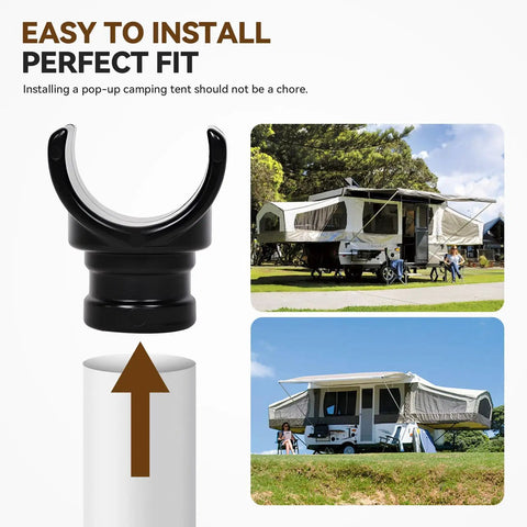 Two Pack Pop Up Camper Bed Support Clasp for Tent Poles, Quick Release Center Bow Connector, Durable Bed Pole Clip shown in use