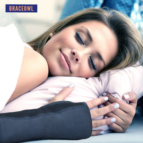 Woman sleeping peacefully wearing a Carpal Tunnel Wrist Brace Adjustable Night Splint For Pain Relief From Tendonitis And Arthritis Fits Left Or Right Hand For Men And Women All Day Comfort And Night Support For Everyday Hustle.