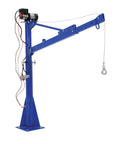 Supercharged 12V DC Powered Jib Crane With Rock Solid Steel Frame And 1500 Lb Capacity in blue with electric hoist for heavy lifting.