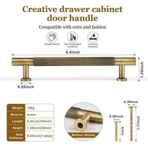 Diagram of Vintage Brass 5 Inch Knurled Cabinet Pulls Set Of 5 For Kitchen Cabinets, Dressers, Vanities, Wardrobes, And Closets Durable Solid Brass Drawer Handles With Antique Style Finish And Easy Grasp with dimensions.