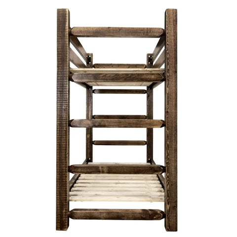 Side view of Twin Over Twin Bunk Bed From The Homestead Collection In Stain, handcrafted from lodge pole pine with built-in ladders.