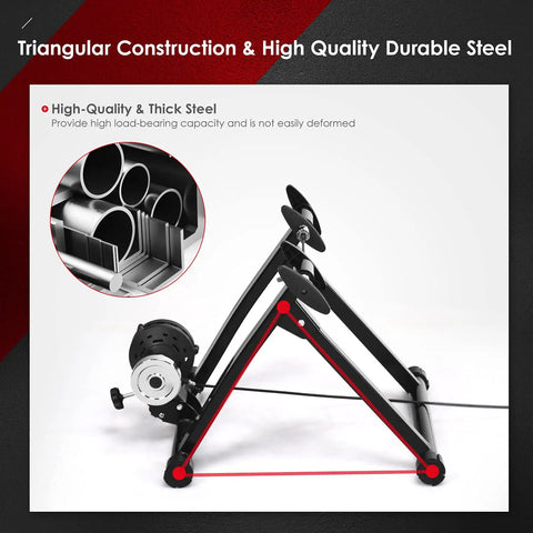 Indoor Bike Trainer Stand With Eight Level Magnetic Resistance For 26 To 28 Inch Wheels featuring thick steel frame and triangular design