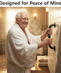 Rock Solid Heavy Duty Hand Rail Stays Secure Zero Hassle Wall Mount Safety Grip Bar For Bathroom Deck Shower Rustproof Black Steel Support Traction Grip Indoor Outdoor Use with smiling man in bathroom.