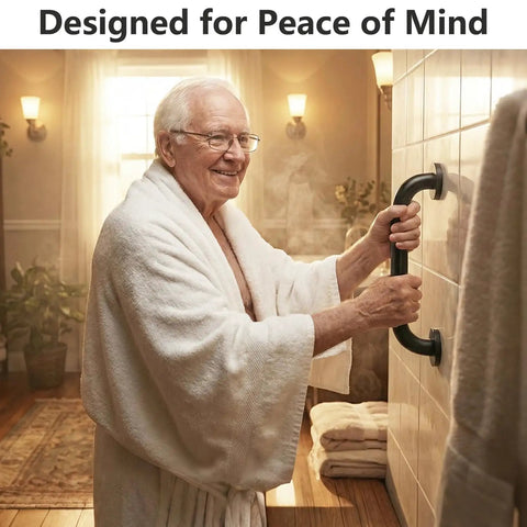 Rock Solid Heavy Duty Hand Rail Stays Secure Zero Hassle Wall Mount Safety Grip Bar For Bathroom Deck Shower Rustproof Black Steel Support Traction Grip Indoor Outdoor Use with smiling man in bathroom.