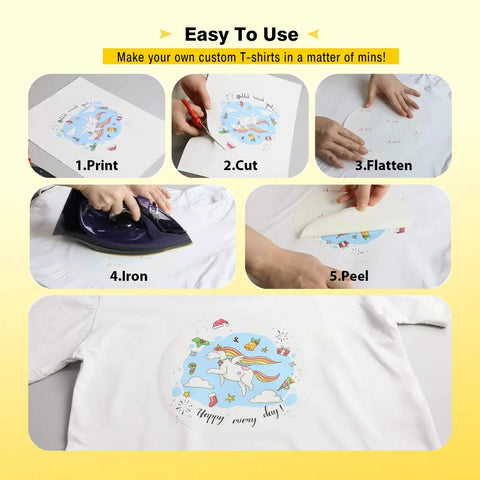 Steps to use Easy At-Home Iron-On Heat Transfer Paper For White And Light Fabrics Inkjet Compatible, showing print, cut, iron, peel.