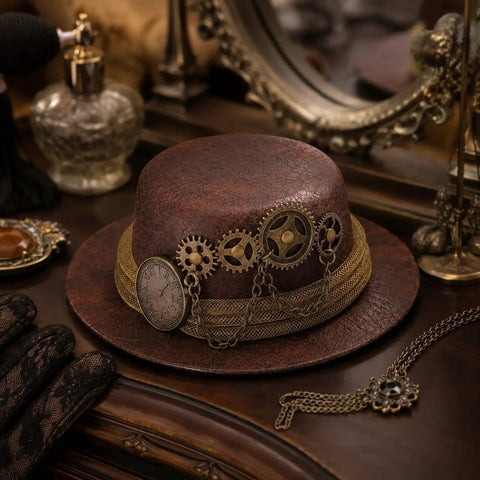 Cool Steampunk Mini Top Hat Fascinator With Antique Gold Clock Gears And Roman Numeral Dial resting on a wooden table, showcasing a rustic brown finish.