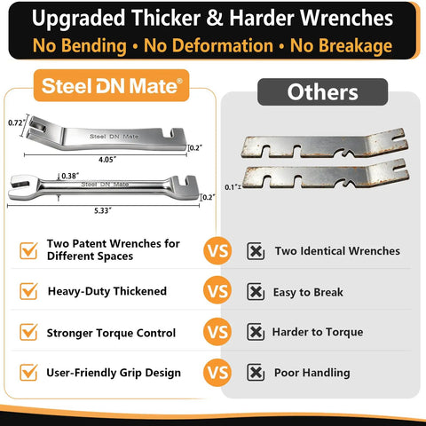 Rugged And Ready Heavy Duty 100 Pack Left And Right Handed T316 Stainless Steel Swage Lag Screws For Wood Posts One Eighth Inch Black Cable Railing Kit With Wrench Included For Deck, Stair Railing And DIY Baluster Projects showing comparison of upgraded thicker wrenches vs others.