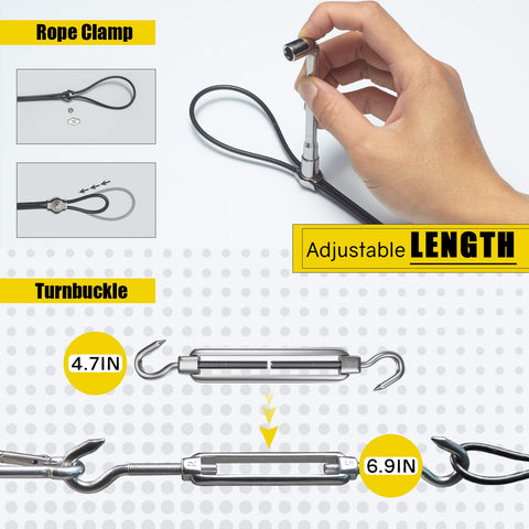 Sun Shade Sail Hardware Kit With 12 Foot Vinyl Coated 304 Stainless Steel Wire Rope adjustable turnbuckle and clamp